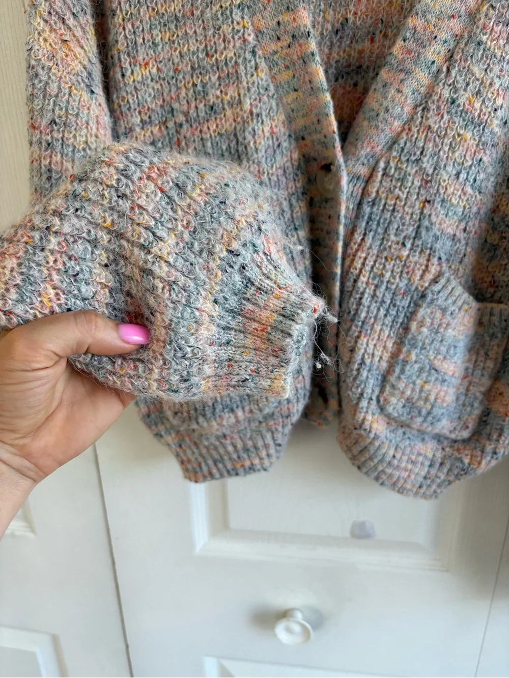 BB Dakota Ivory Pink Blue V-Neck Chunky Knit Ribbed Cardigan Academia Teacher M‎